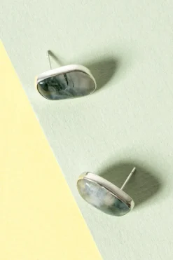 Pamono Silver and Moss Agate Earrings from Gussi, 1957, Set of 2><noscript><img width=