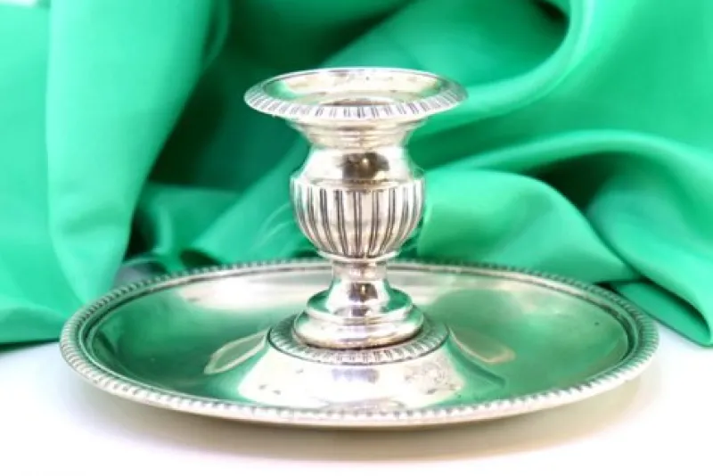 Hot Pamono Silver Candlestick with Elliptical Embossed and Pearled Reliefs