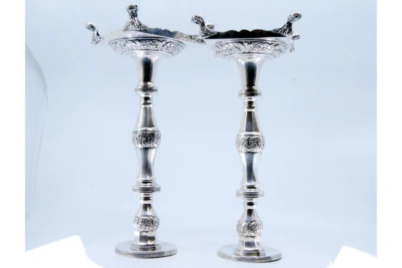 Pamono Silver Candlesticks with Turned Stems, Set of 2> Candleholders