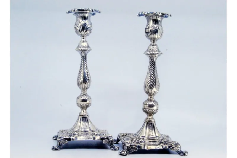 Pamono Silver Candlesticks with Stems Embossed with Palms, Set of 2> Candleholders