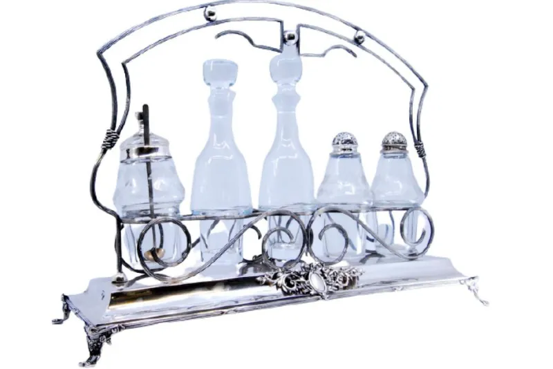 Pamono Silver Cruet with Salt and Pepper Shakers, Mustard Jar and Glass Cruets, Set of 6