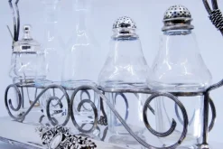 Pamono Silver Cruet with Salt and Pepper Shakers, Mustard Jar and Glass Cruets, Set of 6