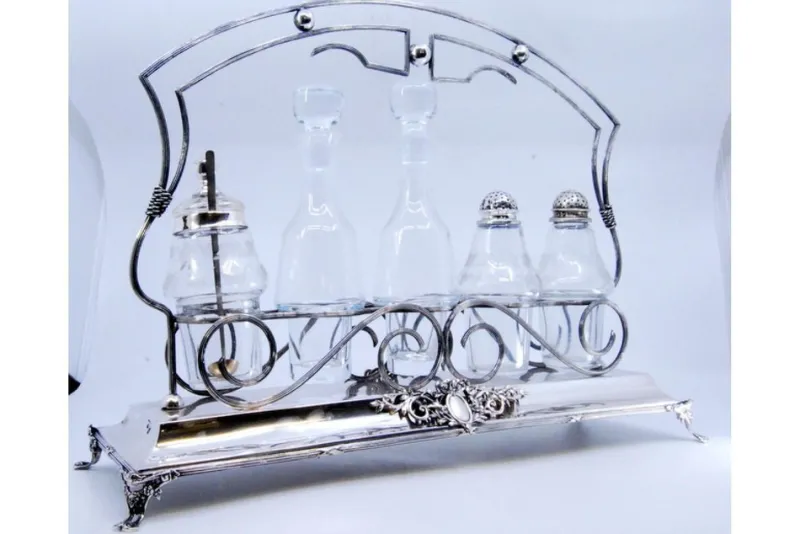 Pamono Silver Cruet with Salt and Pepper Shakers, Mustard Jar and Glass Cruets, Set of 6