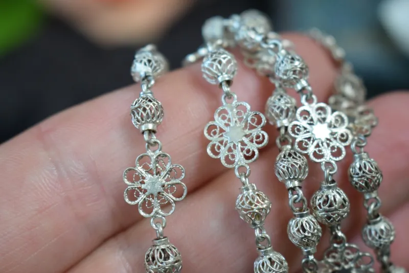Hot Pamono Silver Filigree Crucifix Rosary Necklace, 1920s