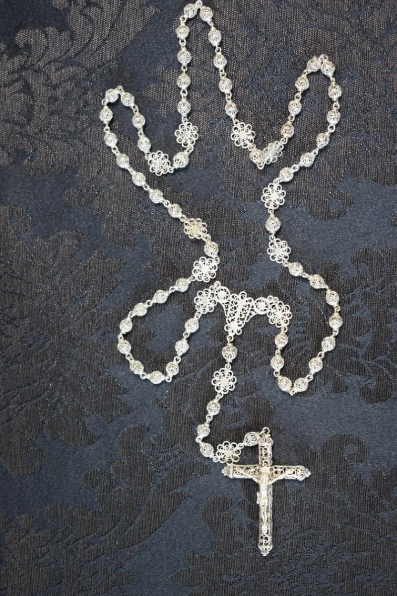 Hot Pamono Silver Filigree Crucifix Rosary Necklace, 1920s