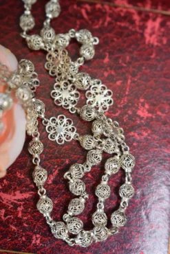 Hot Pamono Silver Filigree Crucifix Rosary Necklace, 1920s