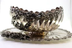 Pamono Silver Fruit Bowl with Raised Floral Motifs, Shell-Shaped Friezes, Spiral Body and Elliptical Base><noscript><img width=
