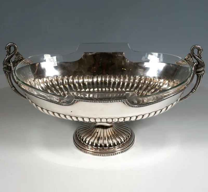 Pamono Silver Jardiniere with Swan Busts and Glass Inlay from Pietrasanta & C., Italy, 1950> Dinnerware Accessories