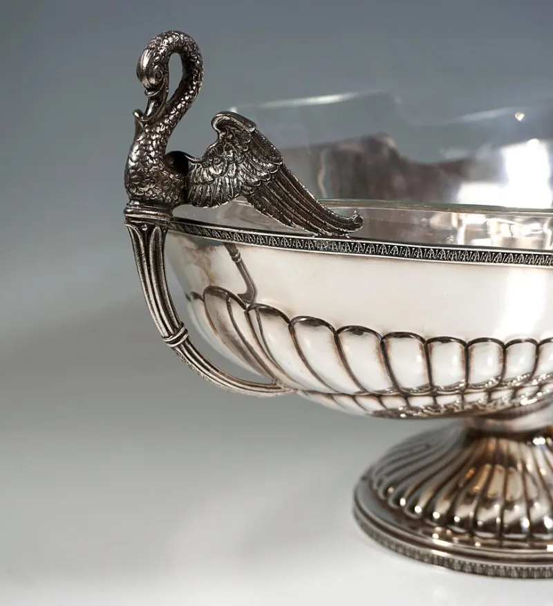 Pamono Silver Jardiniere with Swan Busts and Glass Inlay from Pietrasanta & C., Italy, 1950> Dinnerware Accessories