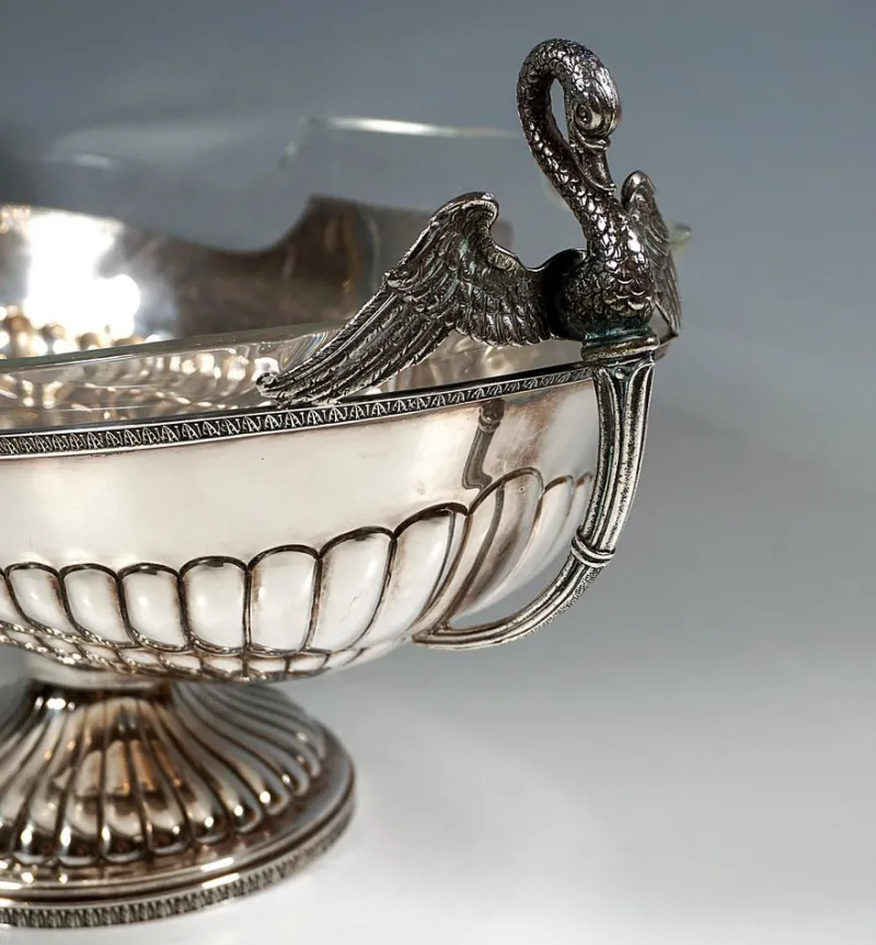 Pamono Silver Jardiniere with Swan Busts and Glass Inlay from Pietrasanta & C., Italy, 1950> Dinnerware Accessories
