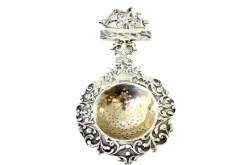 Hot Pamono Silver Tea Strainer with Reliefs, Applications and Caravel Cut-Out Handle