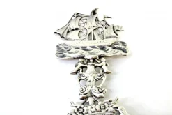 Hot Pamono Silver Tea Strainer with Reliefs, Applications and Caravel Cut-Out Handle