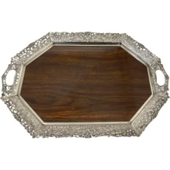 Pamono Silver Tray with Wooden Melamine by H. Hooijkaas, 1974> Trays