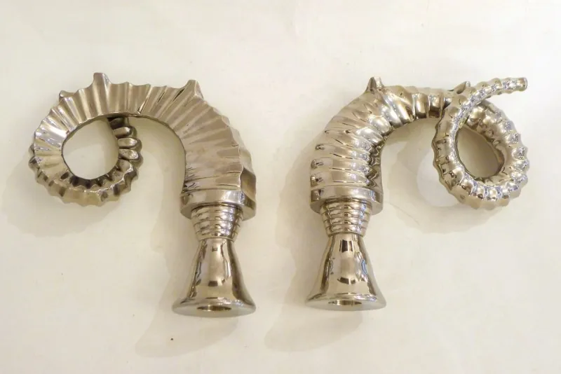 Pamono Silver-Plated Rams Horn Candlesticks from Chapman House, 1970s, Set of 2> Candleholders