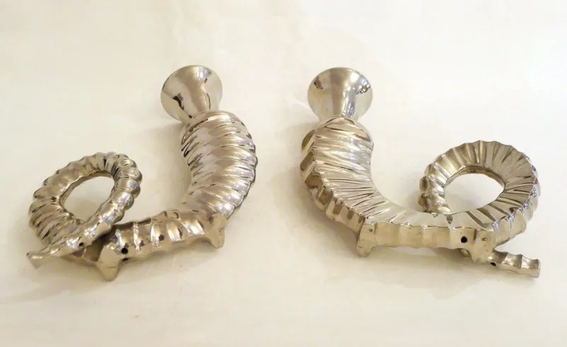 Pamono Silver-Plated Rams Horn Candlesticks from Chapman House, 1970s, Set of 2> Candleholders