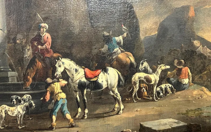 Pamono Simon Van Douw, Hunting Scene with Falconer, 1600s, Painting> Old Masters