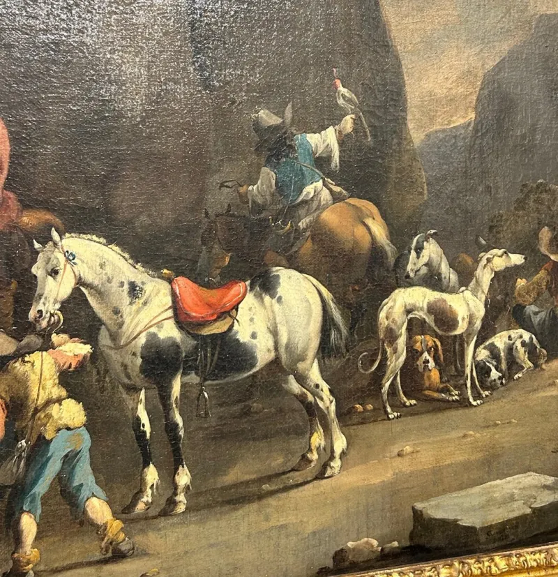 Pamono Simon Van Douw, Hunting Scene with Falconer, 1600s, Painting> Old Masters