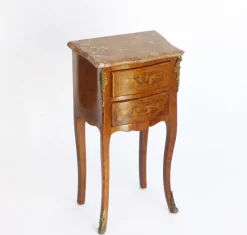 Clearance Pamono Small Antique Louis XV Style Wooden Nightstand with Marquetry Details, Brown Marble Top and Brass Details