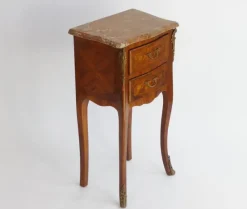 Clearance Pamono Small Antique Louis XV Style Wooden Nightstand with Marquetry Details, Brown Marble Top and Brass Details