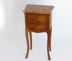 Clearance Pamono Small Antique Louis XV Style Wooden Nightstand with Marquetry Details, Brown Marble Top and Brass Details