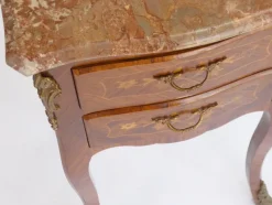 Clearance Pamono Small Antique Louis XV Style Wooden Nightstand with Marquetry Details, Brown Marble Top and Brass Details