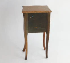 Clearance Pamono Small Antique Louis XV Style Wooden Nightstand with Marquetry Details, Brown Marble Top and Brass Details