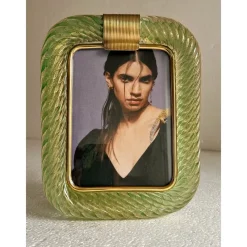Pamono Small Green Torchon Picture Frame in Murano Glass and Brass by Simoeng><noscript><img width=