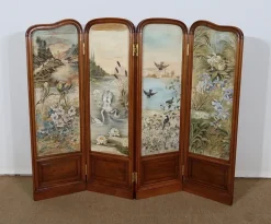 Best Pamono Small Painted Silk & Solid Walnut Screen, 1900