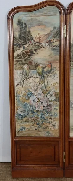 Best Pamono Small Painted Silk & Solid Walnut Screen, 1900
