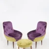 New Pamono Small Vintage Wooden Armchairs & Pouf in Purple and Green Velvet, Set of 3