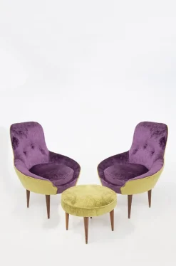 New Pamono Small Vintage Wooden Armchairs & Pouf in Purple and Green Velvet, Set of 3