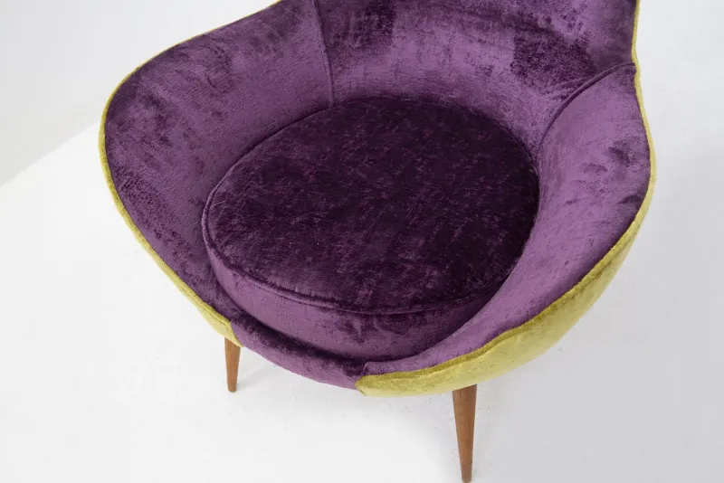 New Pamono Small Vintage Wooden Armchairs & Pouf in Purple and Green Velvet, Set of 3