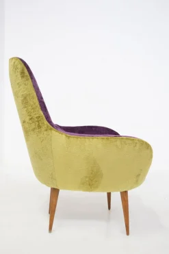 New Pamono Small Vintage Wooden Armchairs & Pouf in Purple and Green Velvet, Set of 3