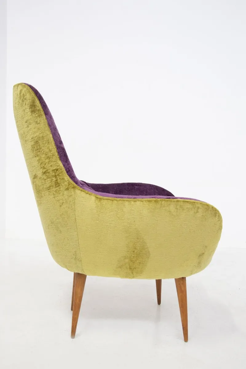 New Pamono Small Vintage Wooden Armchairs & Pouf in Purple and Green Velvet, Set of 3