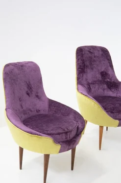 New Pamono Small Vintage Wooden Armchairs & Pouf in Purple and Green Velvet, Set of 3