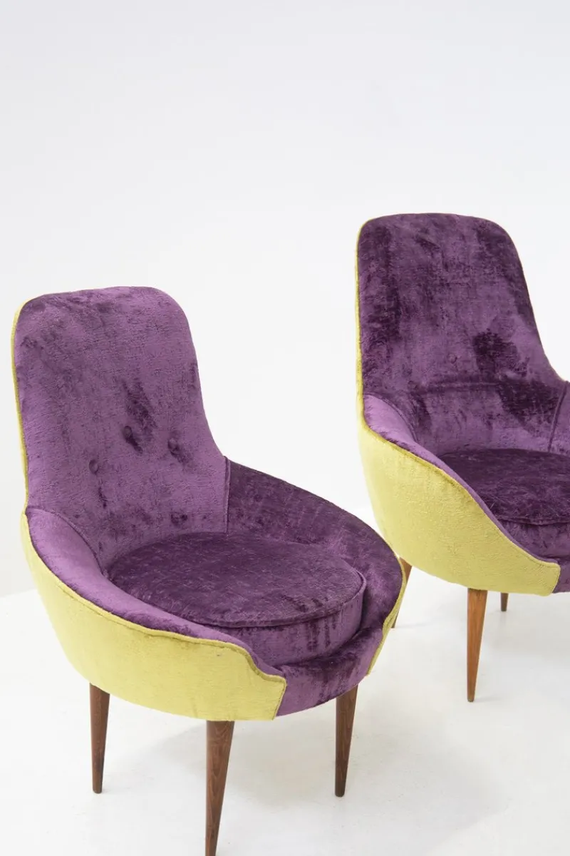 New Pamono Small Vintage Wooden Armchairs & Pouf in Purple and Green Velvet, Set of 3