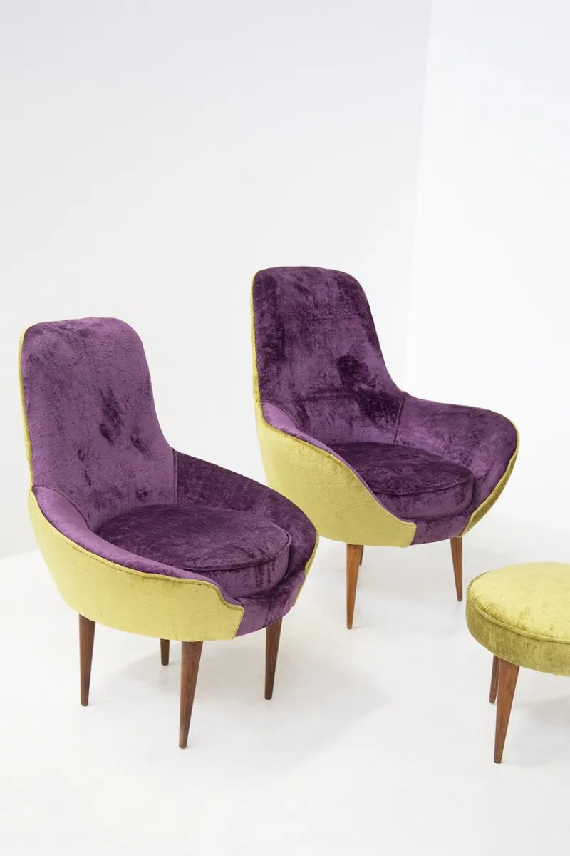 New Pamono Small Vintage Wooden Armchairs & Pouf in Purple and Green Velvet, Set of 3