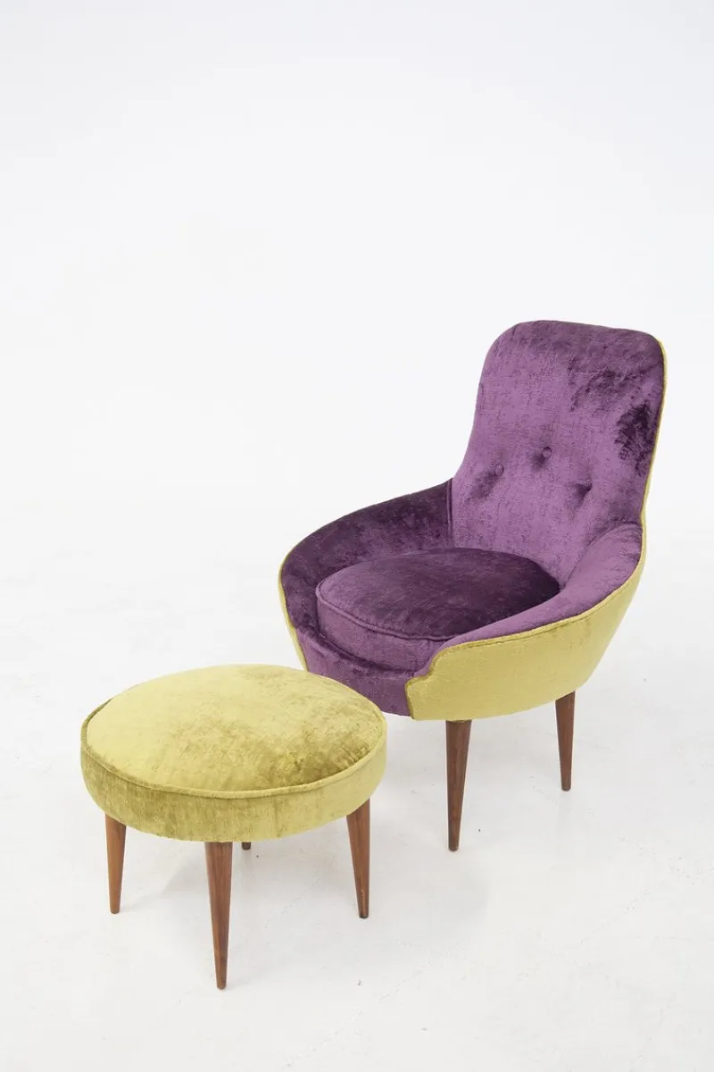 New Pamono Small Vintage Wooden Armchairs & Pouf in Purple and Green Velvet, Set of 3