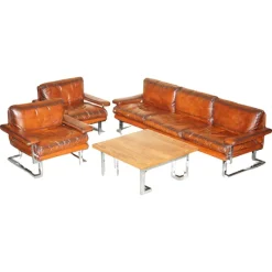Pamono Sofa and Armchair Suite in Leather and Chrome, Set of 4> Living Room Sets