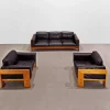 Pamono Sofa and Armchairs Mod. Bastiano in Oak Wood and Black Leather by Afra and Tobia Scarpa for Gavina, 1960s, Set of 3> Living Room Sets