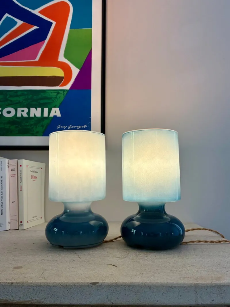 Pamono Space Age Blue Glass Bedside Lamps, 1980, Set of 2> Table Lamps
