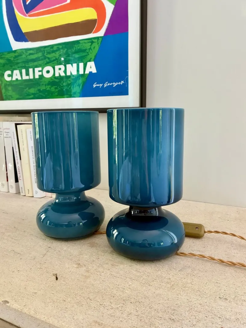 Pamono Space Age Blue Glass Bedside Lamps, 1980, Set of 2> Table Lamps