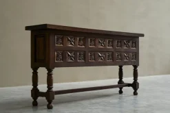 Pamono Spanish Style Sideboard in Hand Carved Walnut and Wrought Iron, 1940s