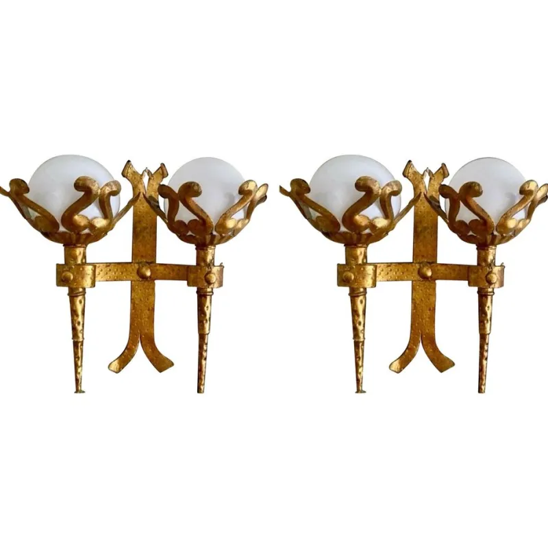 Pamono Spanish Wall Light in Gilt Iron with Milk Glass Globes, 1950, Set of 2> Wall Lights & Sconces