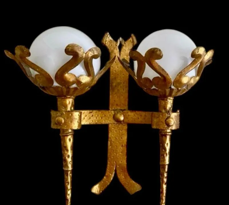 Pamono Spanish Wall Light in Gilt Iron with Milk Glass Globes, 1950, Set of 2> Wall Lights & Sconces