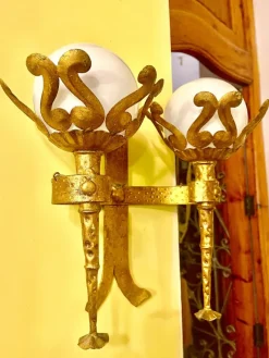 Pamono Spanish Wall Light in Gilt Iron with Milk Glass Globes, 1950, Set of 2><noscript><img width=