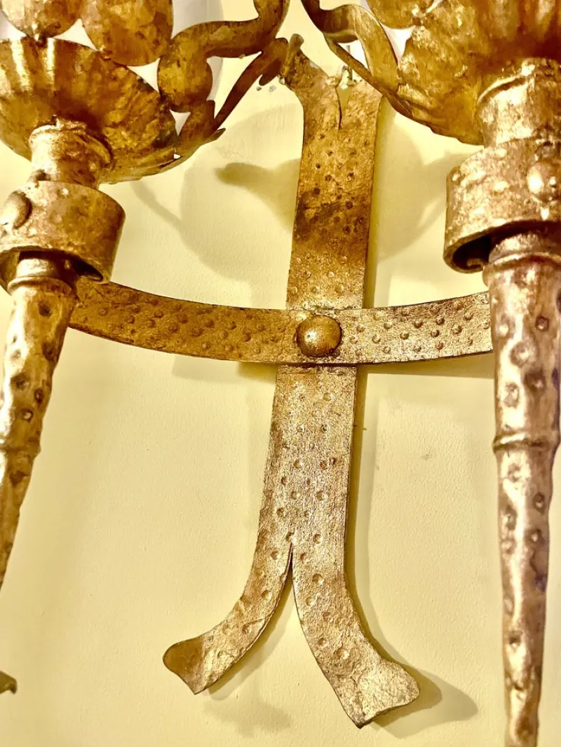 Pamono Spanish Wall Light in Gilt Iron with Milk Glass Globes, 1950, Set of 2> Wall Lights & Sconces