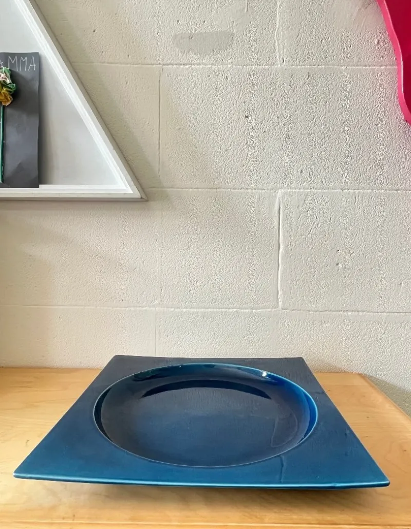 Pamono Square Blue Glazed Ceramic Plate, Italy, 1970s> Trays