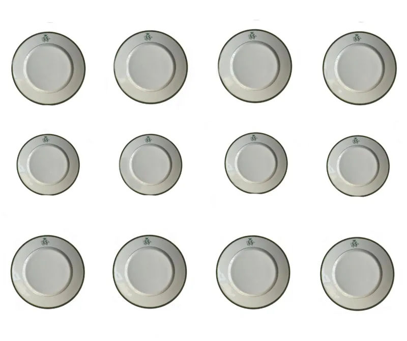 Pamono SS Monogramed Desert and Flat Plates with Gold Trim by Bareuther Bavaria, Germany,1930s, Set of 12> Dinner Plates & Bowls