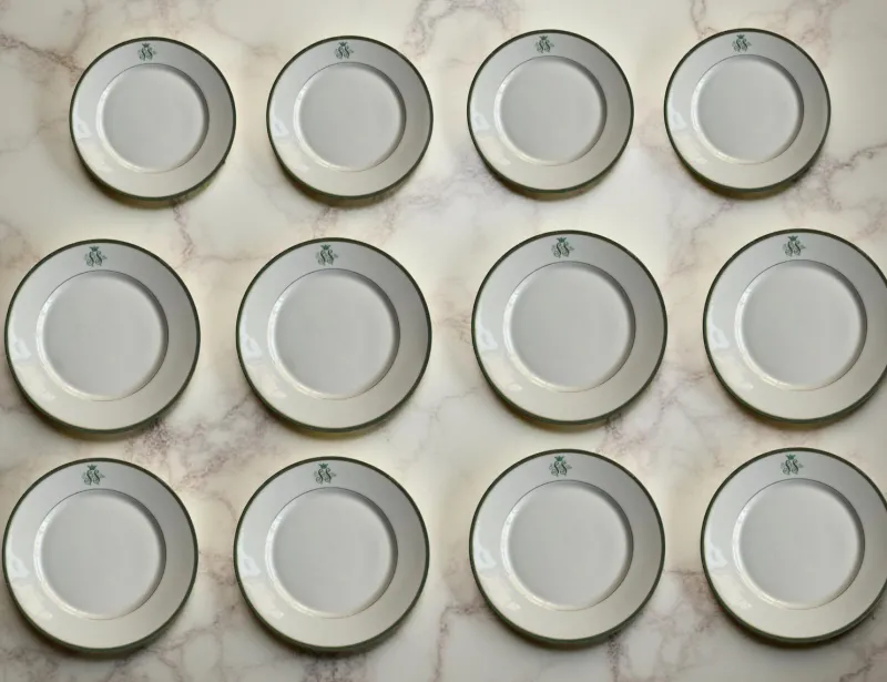Pamono SS Monogramed Desert and Flat Plates with Gold Trim by Bareuther Bavaria, Germany,1930s, Set of 12> Dinner Plates & Bowls